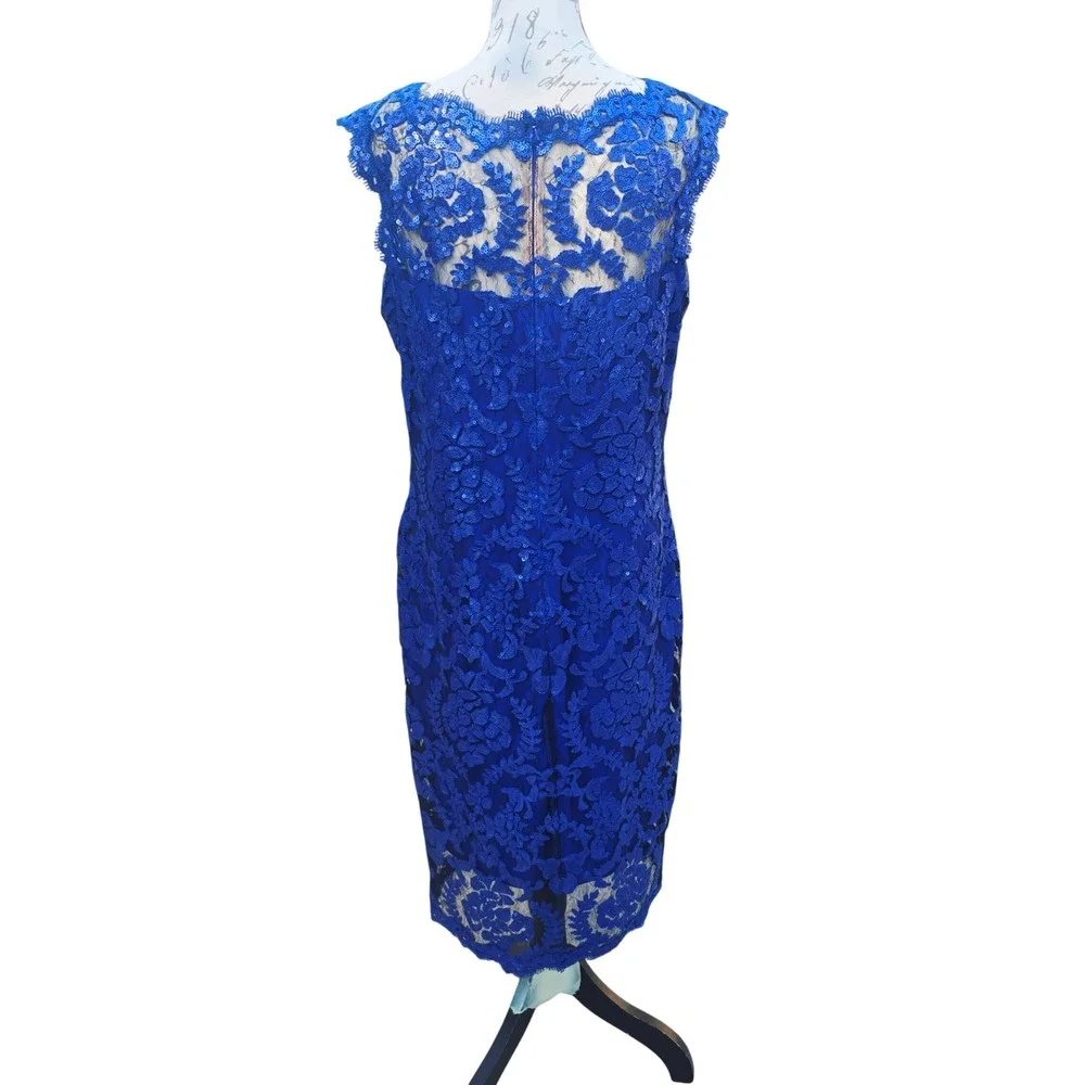 Tadashi Shoji Paillette Embroidered Lace Sheath Royal Blue Sequin Dress‎ 14